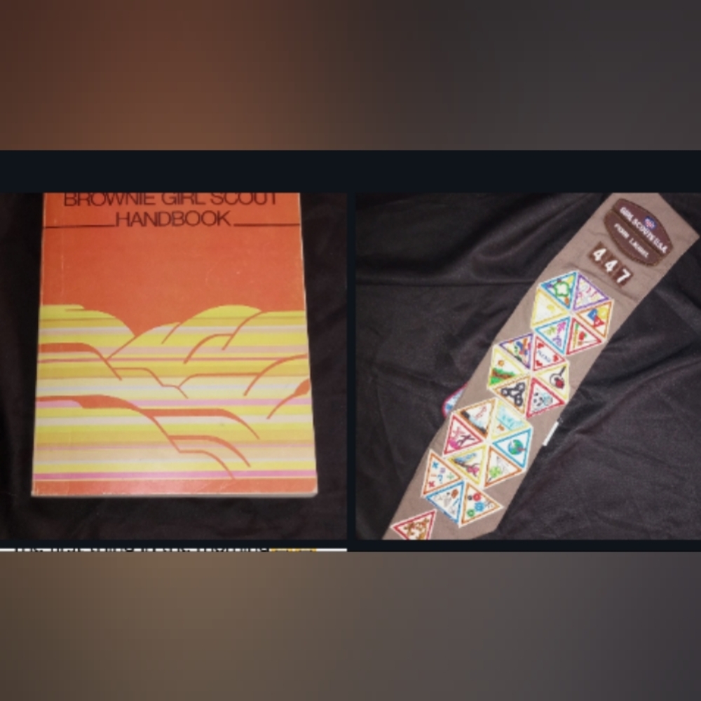 vintage brownie Girl scout sash and corresponding hand book 1986